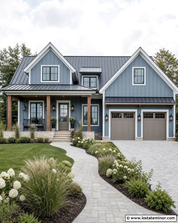Denim Blue House With Greige Front Door - 30 Denim Blue House Design With Entry Door Ideas