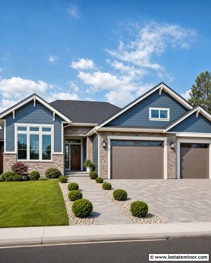 Denim Blue House With Greige Stone - 30 Denim Blue House Design With Stone Accents Ideas