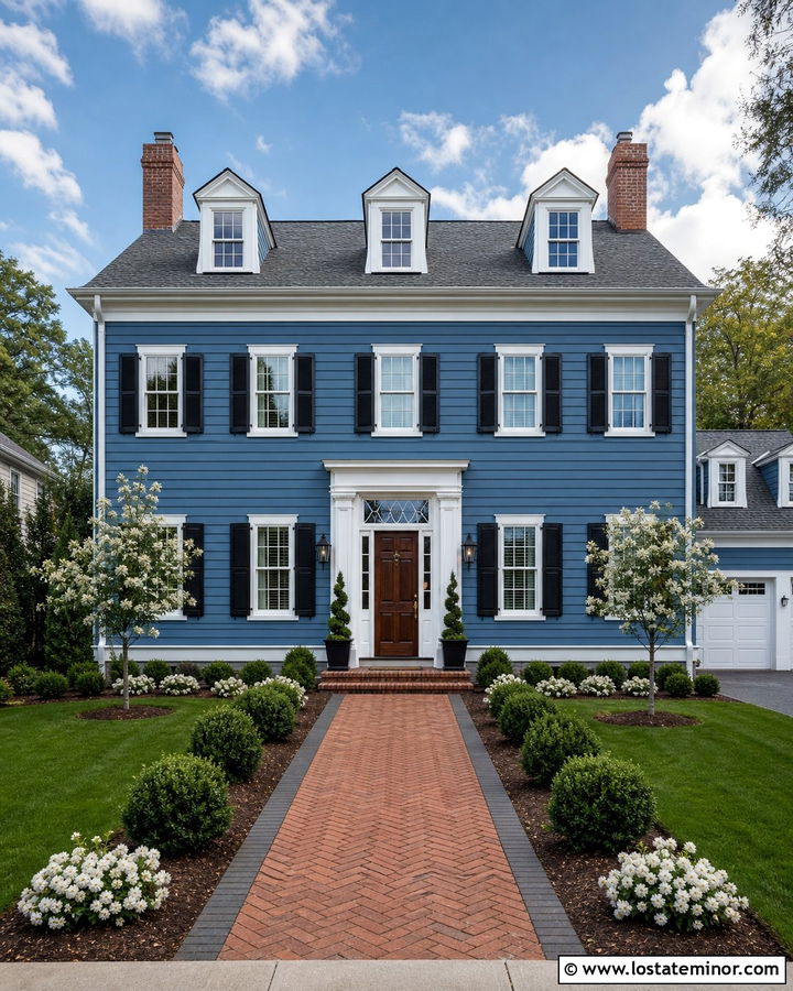 Denim Blue House With Herringbone Brick Walkway - 30 Denim Blue House Design With Walkway Ideas