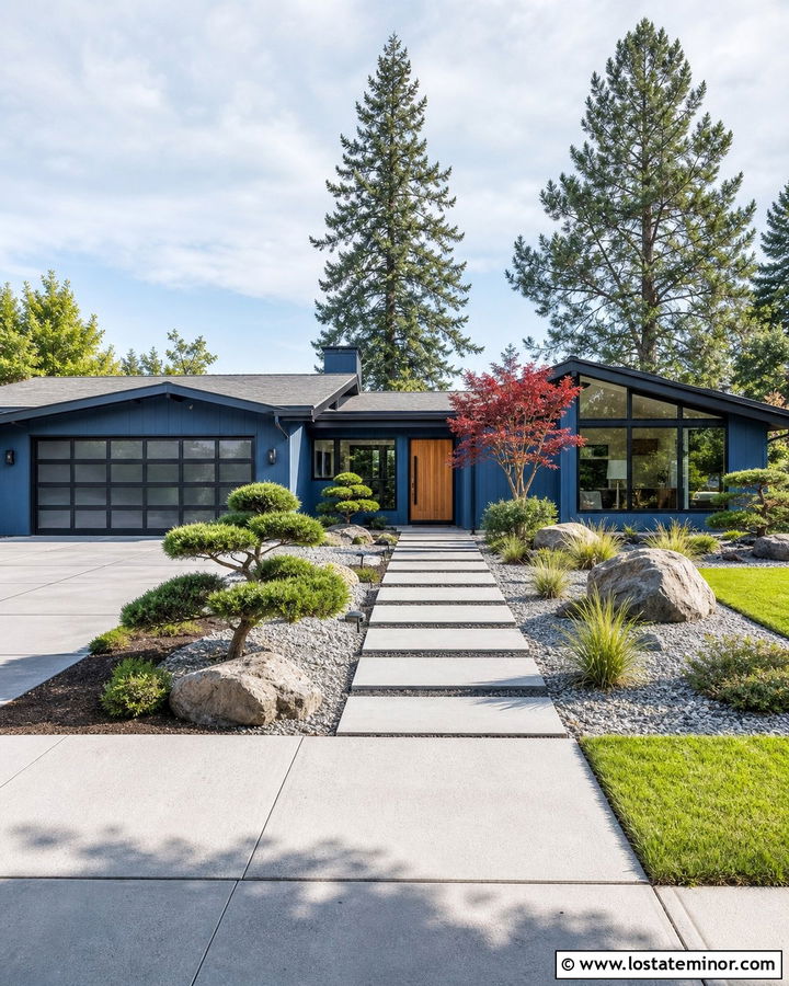 Denim Blue House With Japanese Inspired Landscaping - 30 Denim Blue House Design With Landscaping Ideas