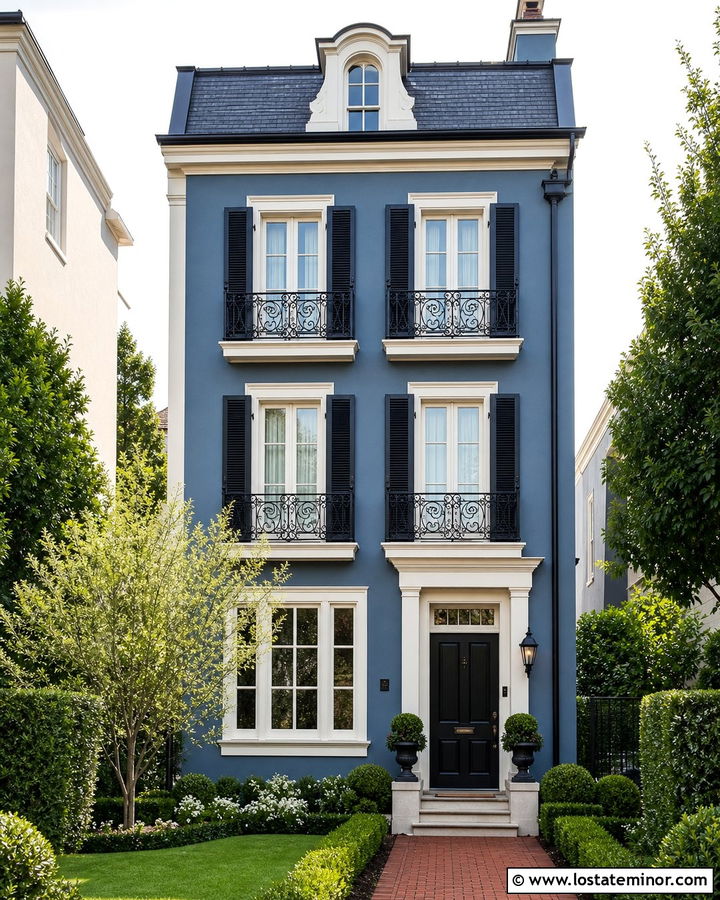 Denim Blue House With Juliet Railings - 30 Denim Blue House Design With Railings Ideas