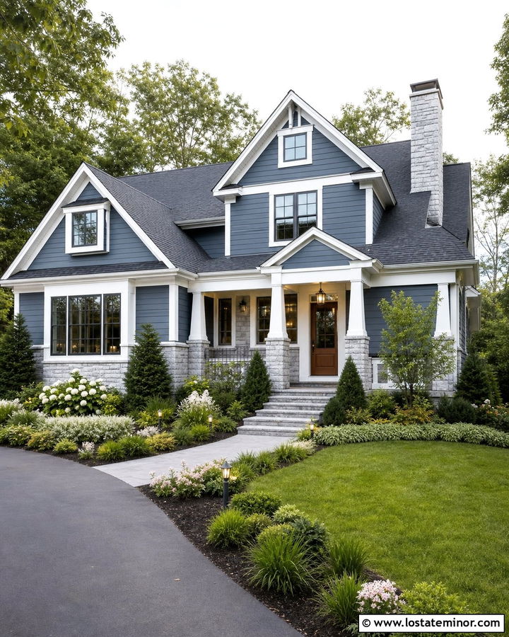 Denim Blue House With Landscaped Front Steps - 30 Denim Blue House Design With Steps Ideas