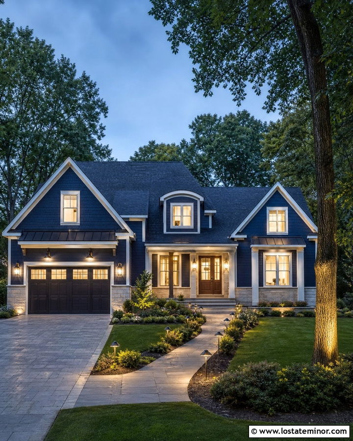 Denim Blue House With Layered Exterior Lighting - 30 Denim Blue House Design With Lighting Ideas