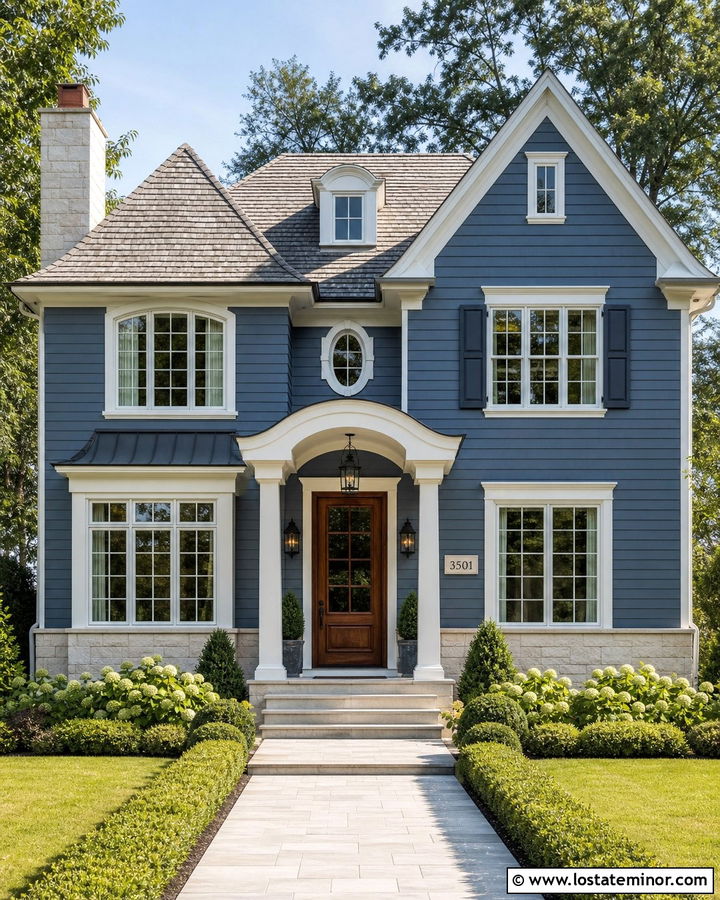 Denim Blue House With Limestone Address Plaque - 30 Denim Blue House Design With House Numbers Ideas