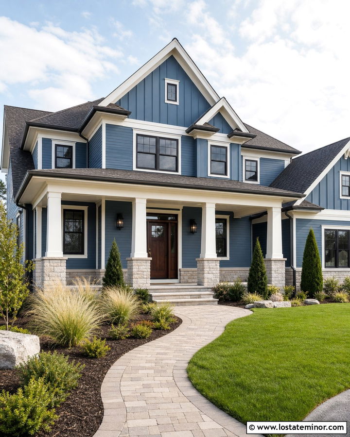 Denim Blue House With Limestone Porch Columns - 30 Denim Blue House Design With Porch Columns Ideas