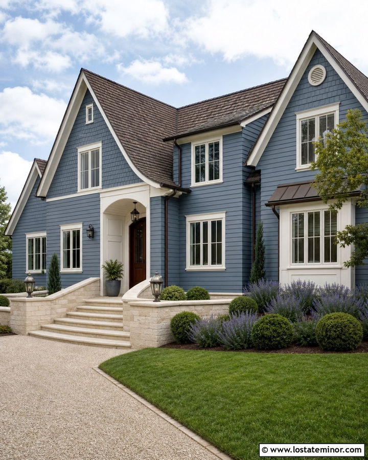 Denim Blue House With Limestone Steps - 30 Denim Blue House Design With Steps Ideas