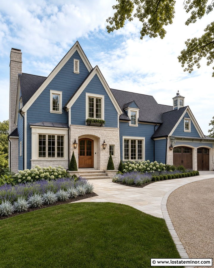 Denim Blue House With Limestone Walkway - 30 Denim Blue House Design With Walkway Ideas