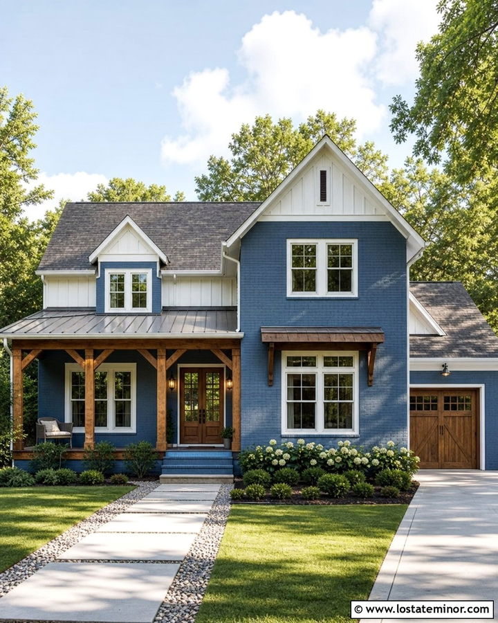 Denim Blue House With Limewashed Brick - 30 Denim Blue House Design With Brick Accents Ideas