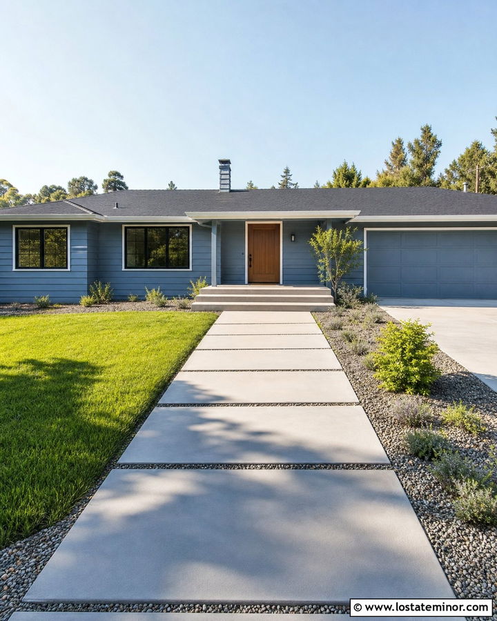 Denim Blue House With Low Wide Steps - 30 Denim Blue House Design With Steps Ideas