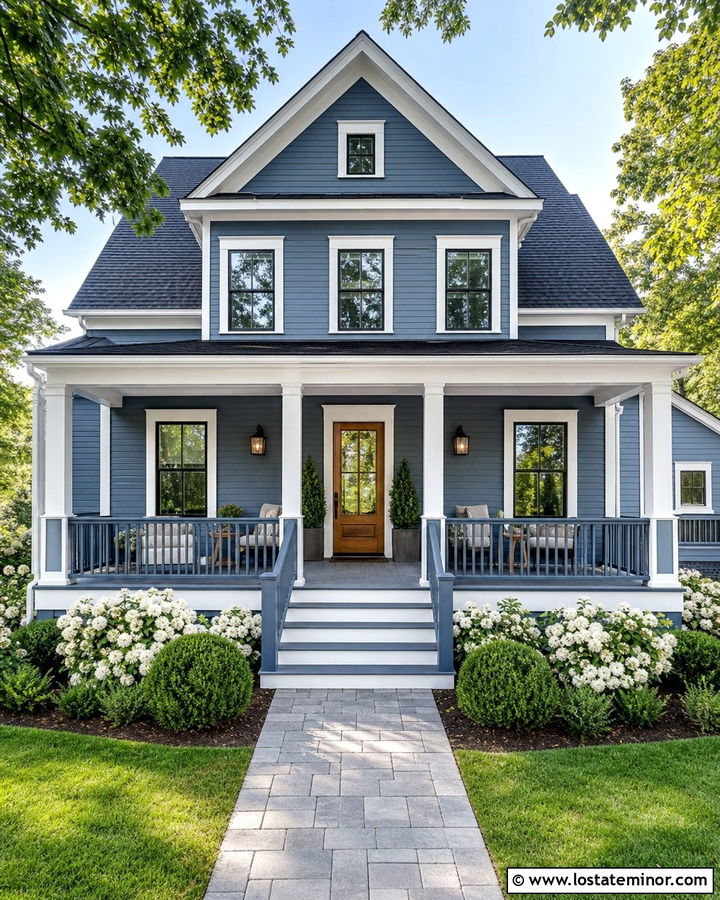 Denim Blue House With Matching Blue Railings - 30 Denim Blue House Design With Railings Ideas