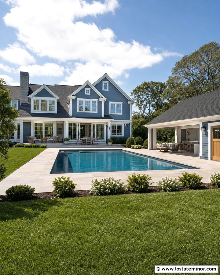 Denim Blue House With Matching Pool House - 30 Denim Blue House Design With Swimming Pool Ideas