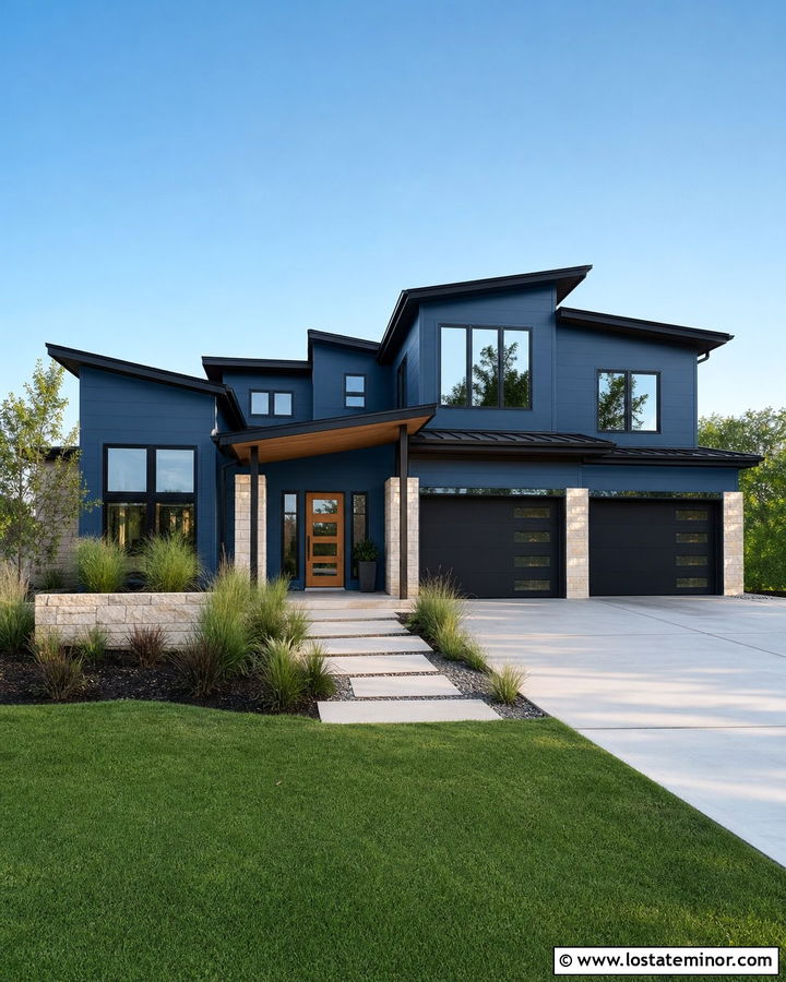 Denim Blue House With Matte Black Trim - 30 Denim Blue House Design With Trim Ideas
