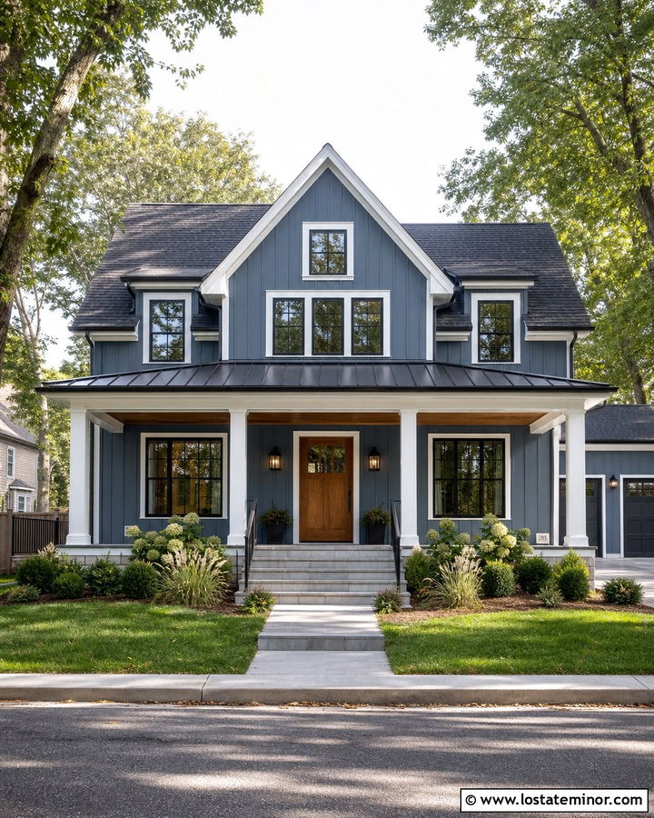 Denim Blue House With Metal Porch Roof - 30 Denim Blue House Design With Front Porch Ideas