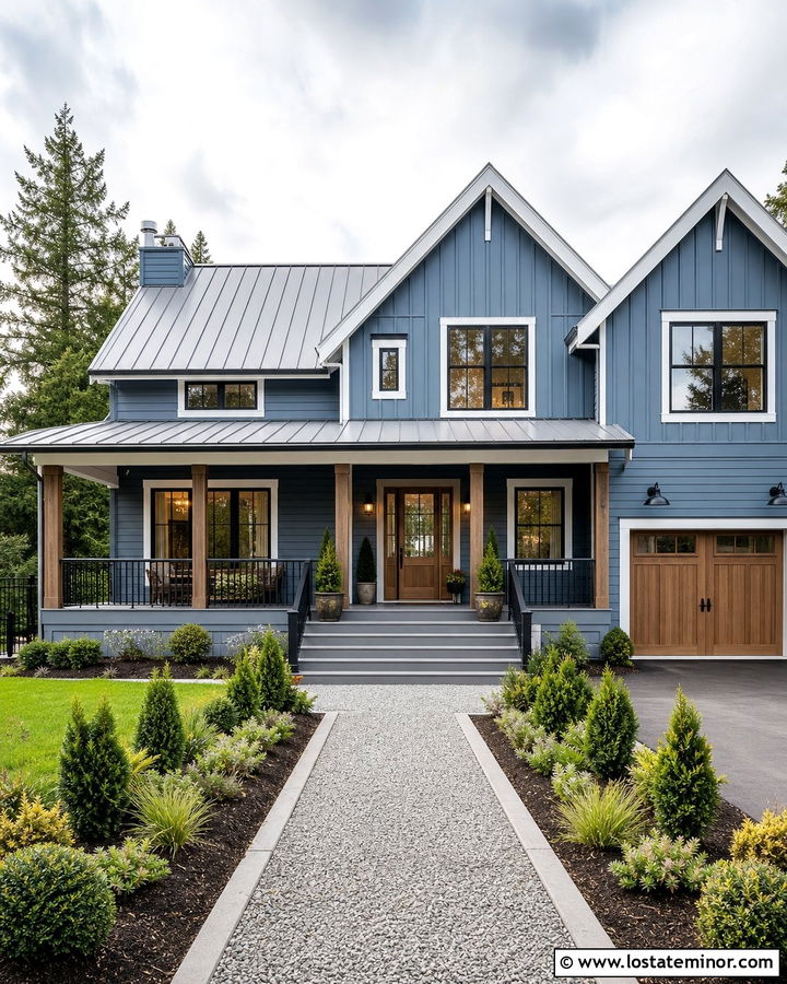 Denim Blue House With Metal Roof And Composite Deck - 30 Denim Blue House Design With Deck Ideas