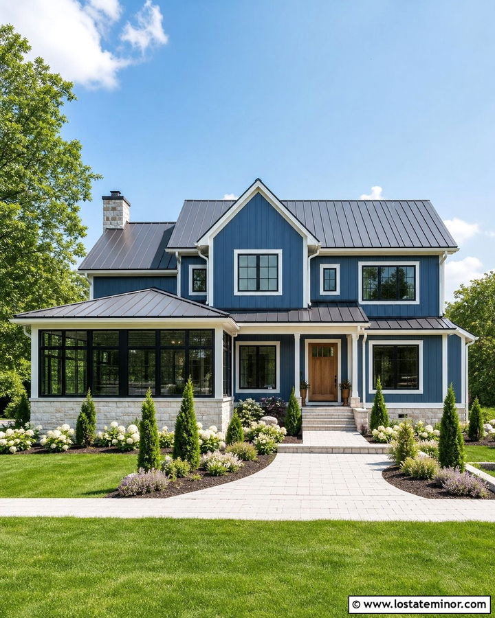 Denim Blue House With Metal Roof Sunroom - 30 Denim Blue House Design With Sunroom Ideas