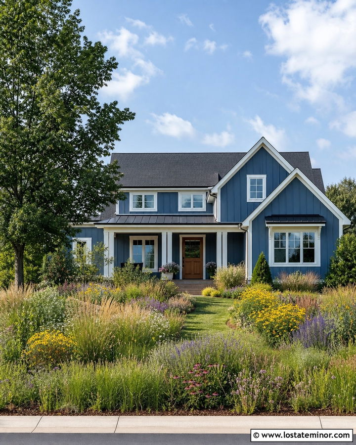 Denim Blue House With Minimal Lawn And Native Meadow - 30 Denim Blue House Design With Landscaping Ideas