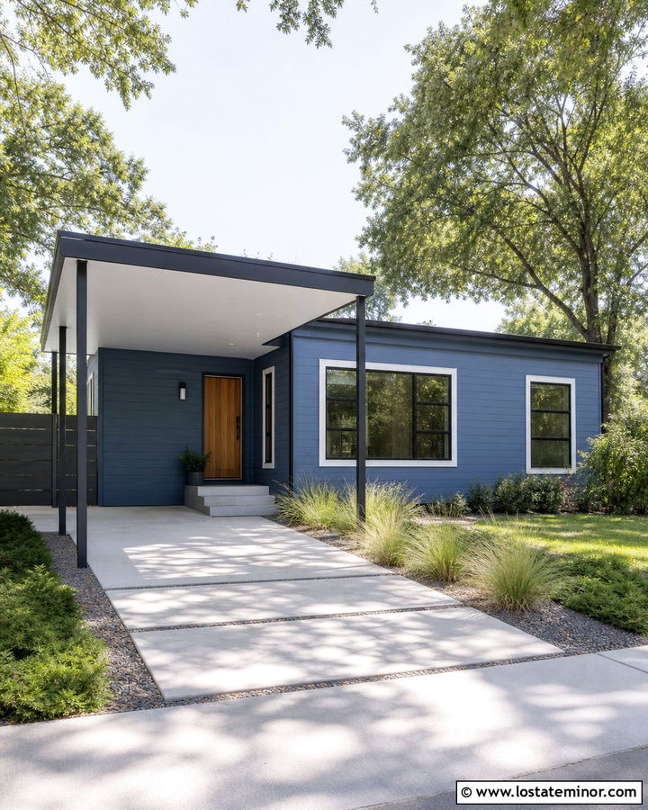 Denim Blue House With Minimal Steel Carport - 30 Denim Blue House Design With Carport Ideas