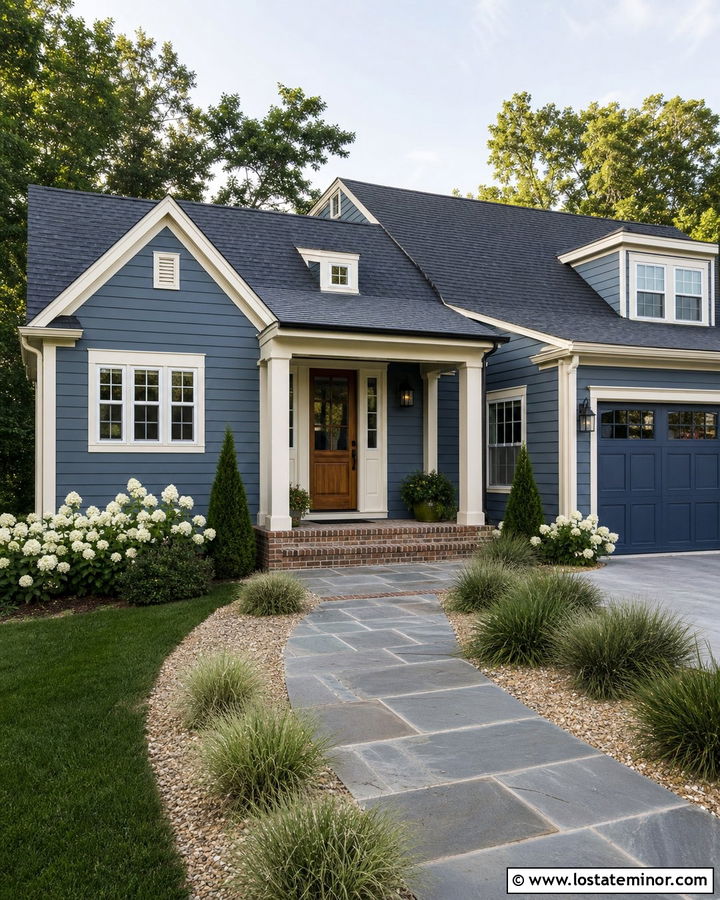 Denim Blue House With Mixed Material Walkway - 30 Denim Blue House Design With Walkway Ideas