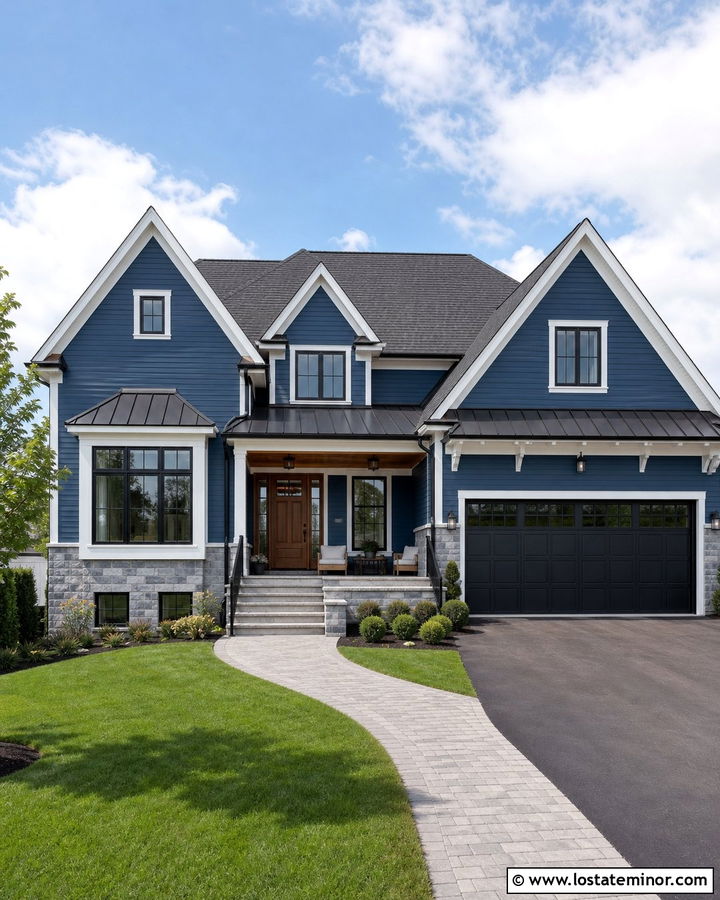 Denim Blue House With Mixed Roof Materials - 30 Denim Blue House Design With Roof Ideas