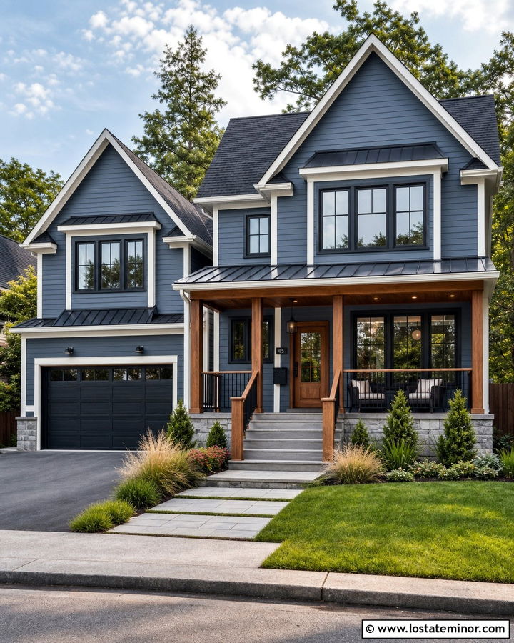 Denim Blue House With Mixed Wood And Metal Railings - 30 Denim Blue House Design With Railings Ideas