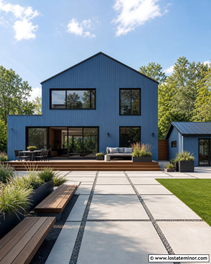 Denim Blue House With Modern Backyard - 30 Denim Blue House Design With Backyard Ideas