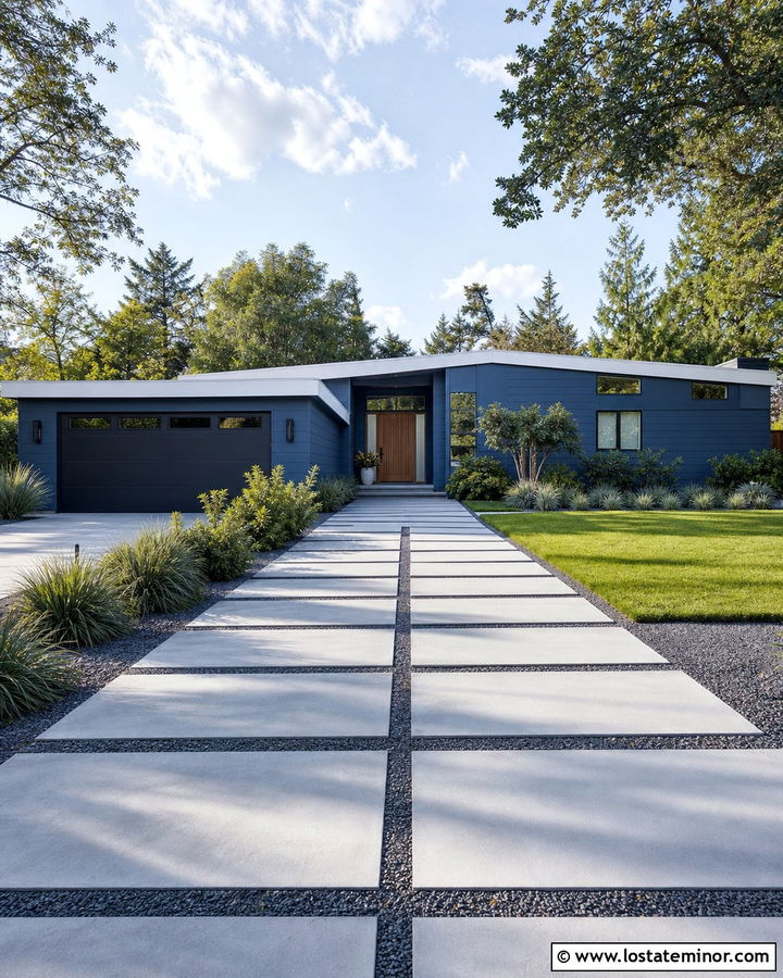 Denim Blue House With Modern Concrete Pavers - 30 Denim Blue House Design With Walkway Ideas