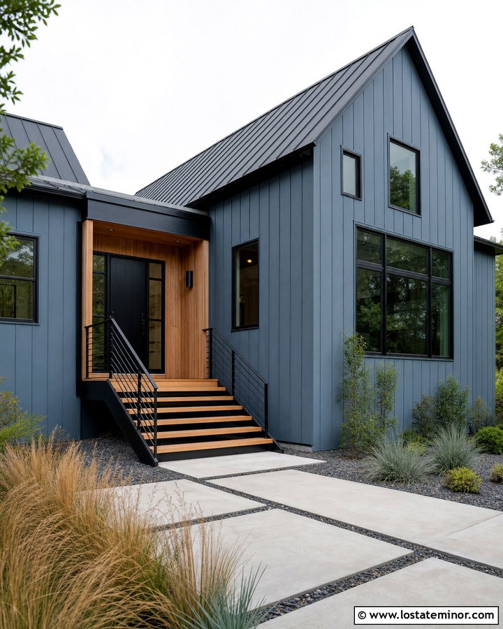 Denim Blue House With Modern Metal Steps - 30 Denim Blue House Design With Steps Ideas