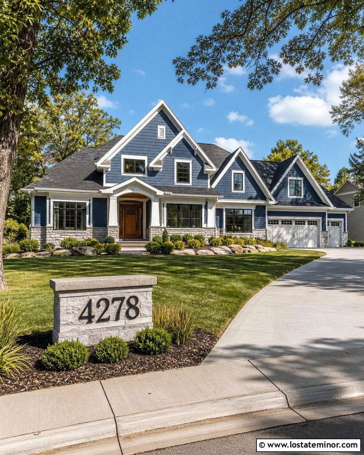 Denim Blue House With Monument Address Sign - 30 Denim Blue House Design With House Numbers Ideas