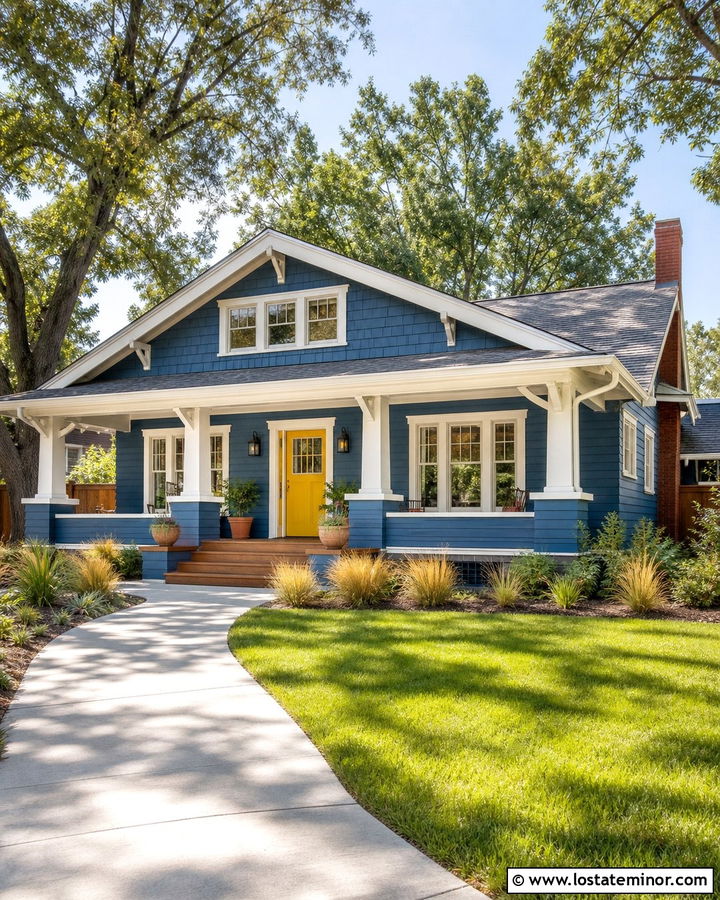 Denim Blue House With Mustard Yellow Door - 30 Denim Blue House Design With Accents Ideas