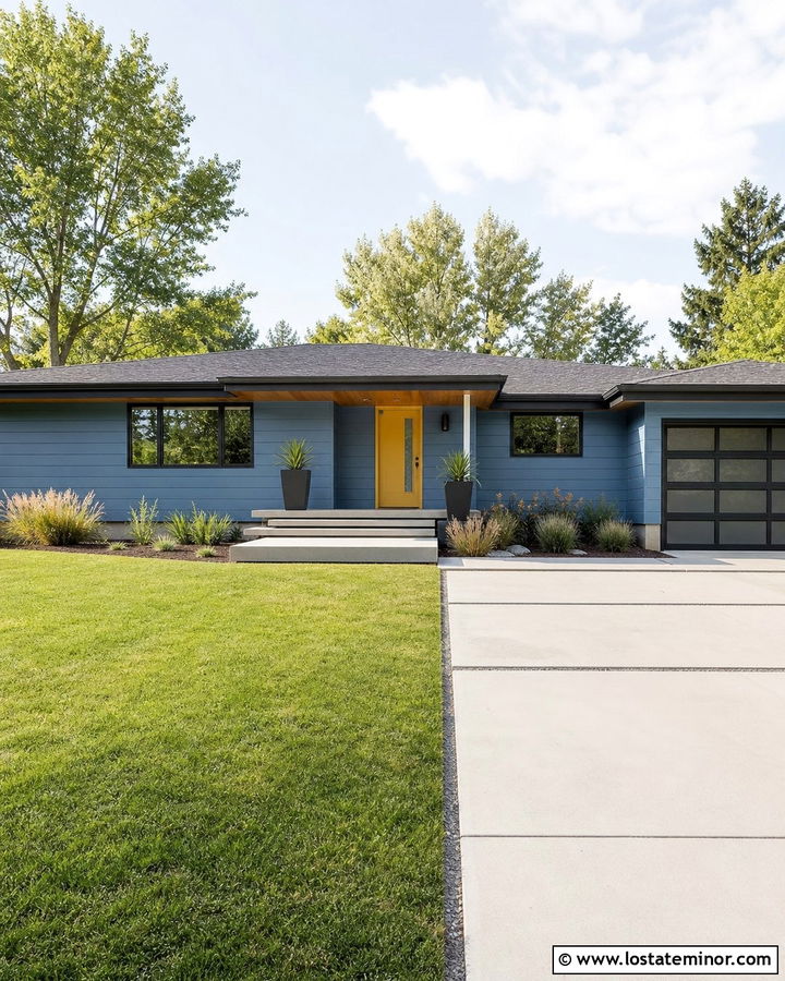 Denim Blue House With Mustard Yellow Front Door - 30 Denim Blue House Design With Front Door Ideas