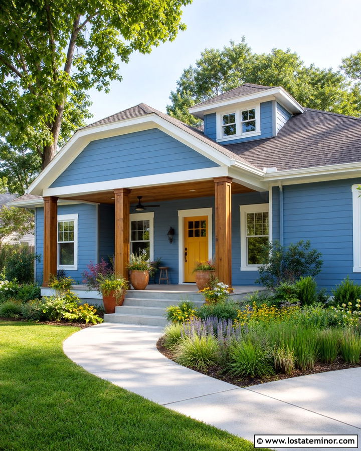 Denim Blue House With Mustard Yellow Front Door - 30 Denim Blue House Design With Entry Door Ideas