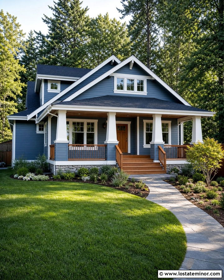 Denim Blue House With Natural Cedar Deck - 30 Denim Blue House Design With Deck Ideas