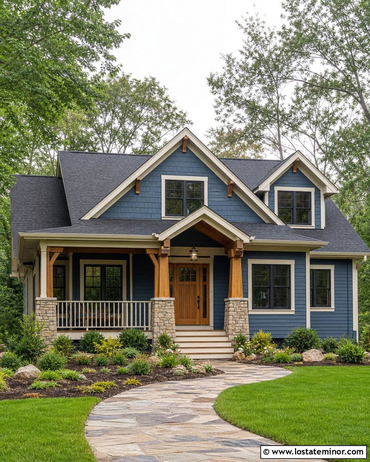 Denim Blue House With Natural Oak Front Door - 30 Denim Blue House Design With Front Door Ideas