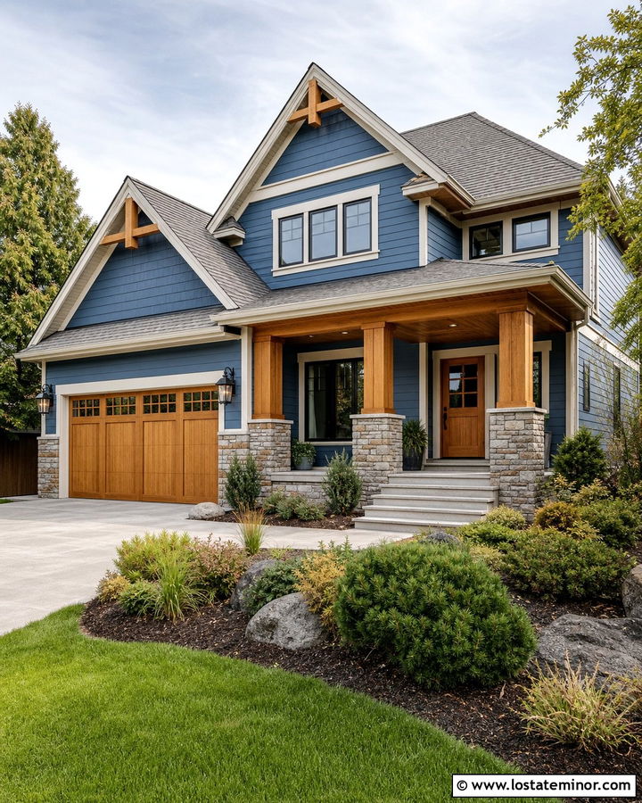 Denim Blue House With Natural Oak Garage Door - 30 Denim Blue House Design With Garage Door Ideas
