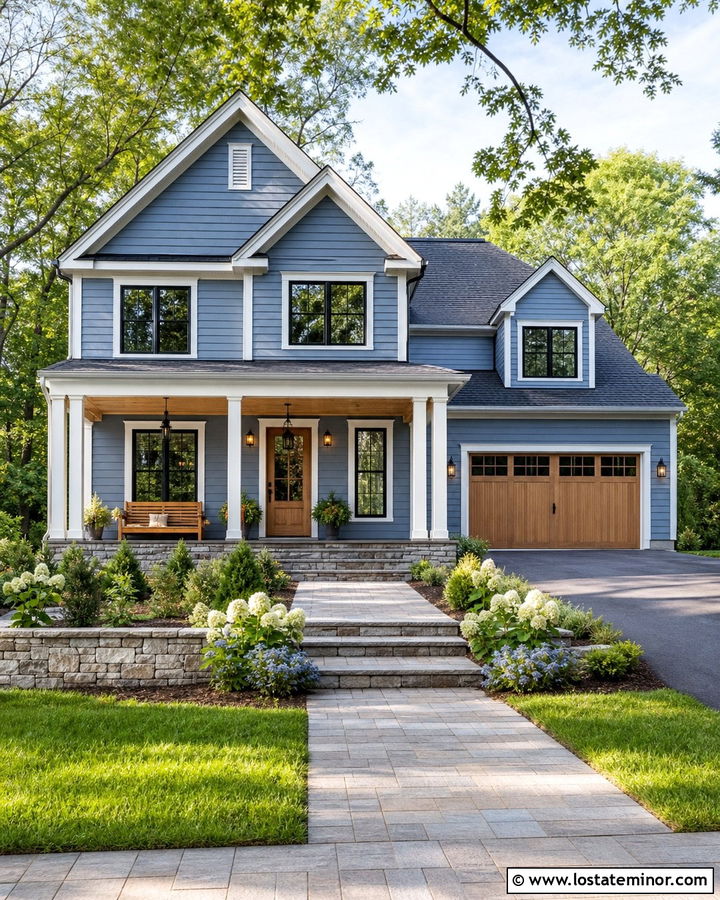 Denim Blue House With Natural Pine Porch Ceiling - 30 Denim Blue House Design With Porch Ceiling Ideas