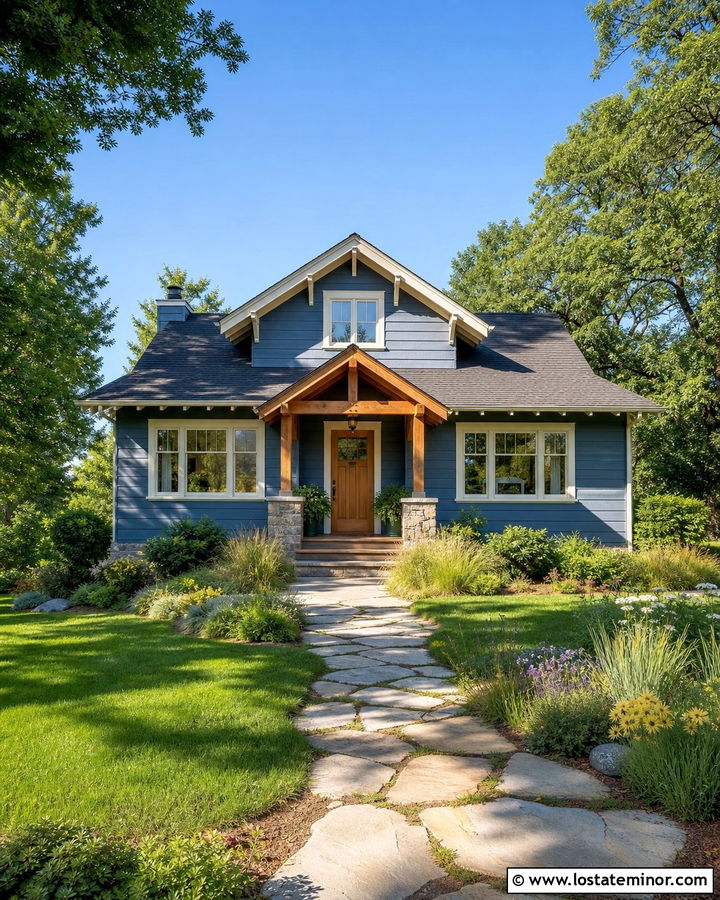 Denim Blue House With Natural Wood Awning - 30 Denim Blue House Design With Awning Ideas