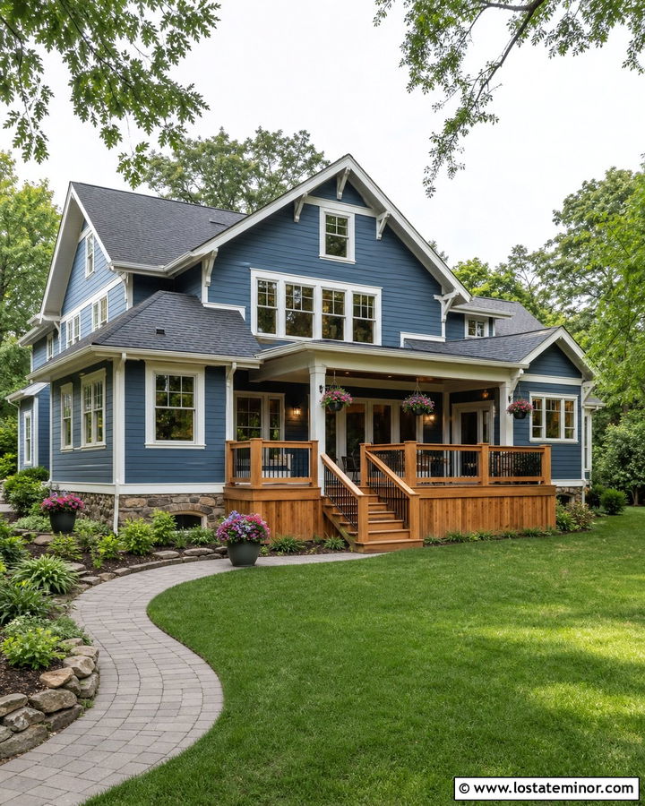 Denim Blue House With Natural Wood Deck - 30 Denim Blue House Design With Backyard Ideas