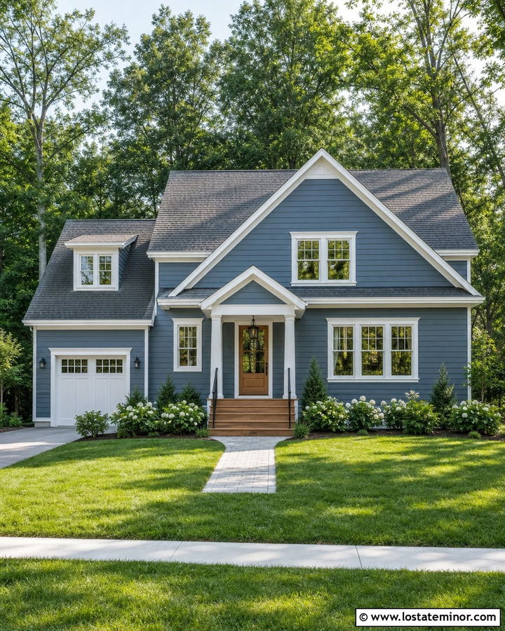 Denim Blue House With Natural Wood Door And Steps - 30 Denim Blue House Design With Steps Ideas