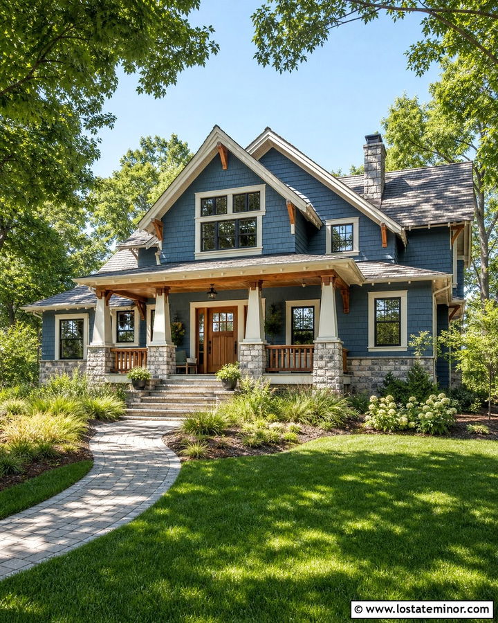 Denim Blue House With Natural Wood Front Door - 30 Denim Blue House Design With Entry Door Ideas