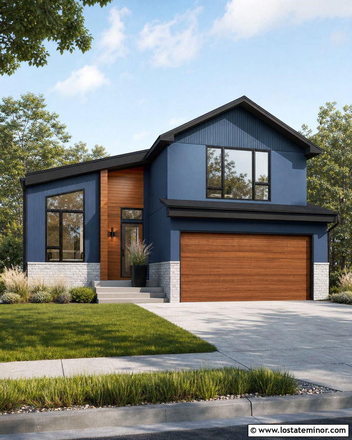 Denim Blue House With Natural Wood Garage Door - 30 Denim Blue House Design With Accents Ideas