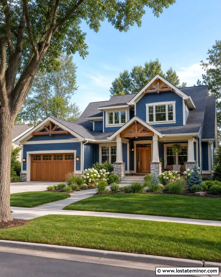 Denim Blue House With Natural Wood Garage Doors - 30 Denim Blue House Design With Landscaping Ideas