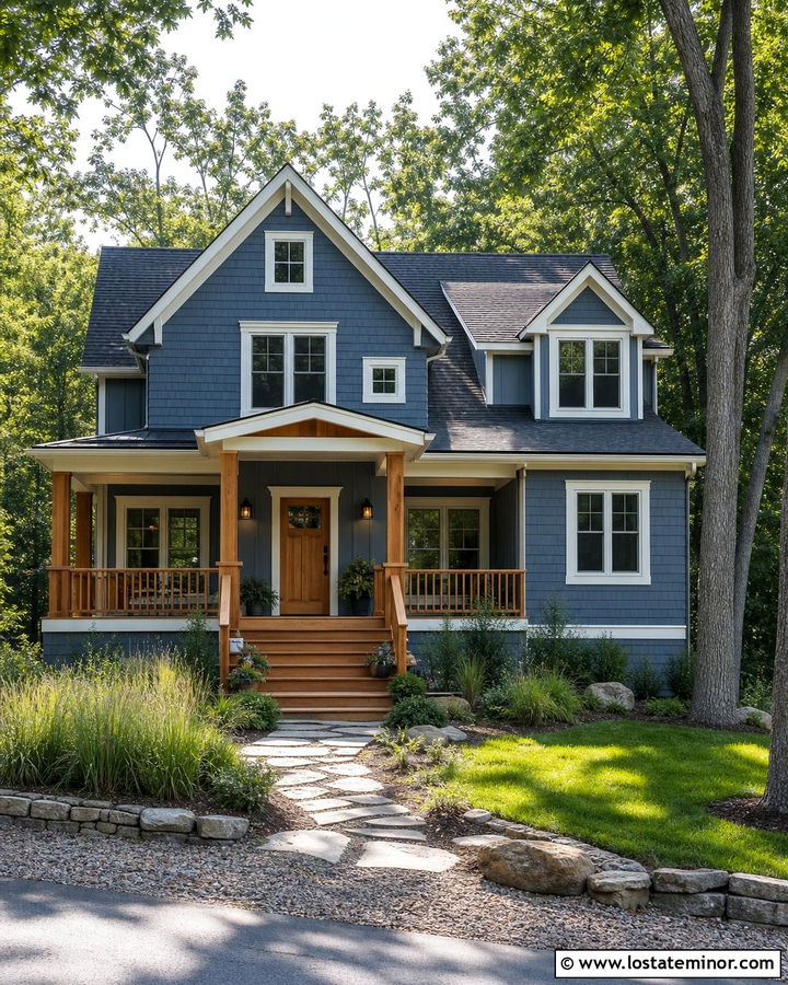 Denim Blue House With Natural Wood Railings - 30 Denim Blue House Design With Railings Ideas