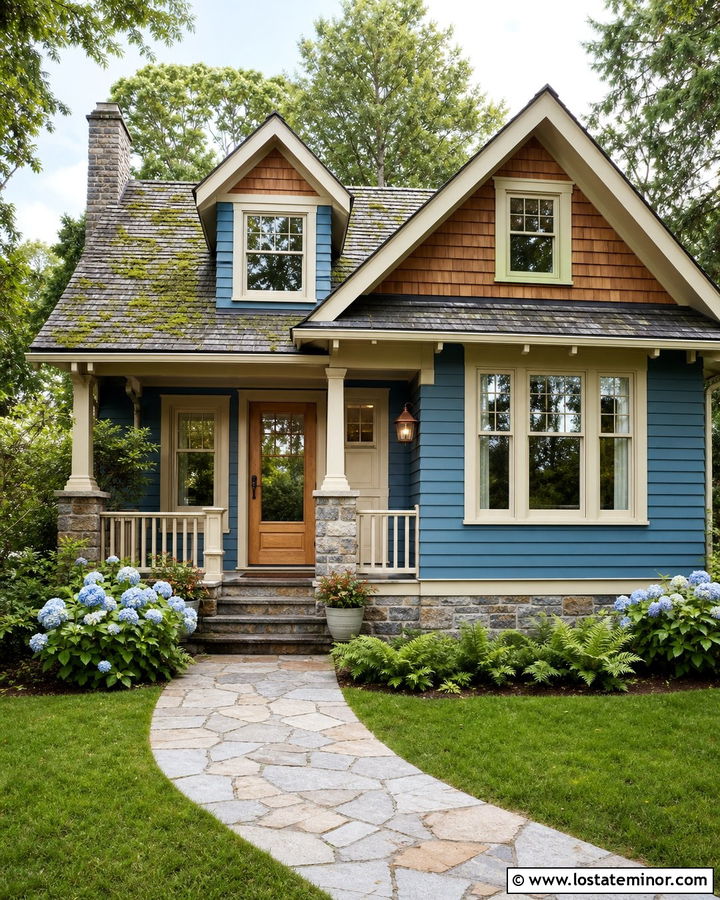 Denim Blue House With Natural Wood Storm Door - 30 Denim Blue House Design With Storm Door Ideas