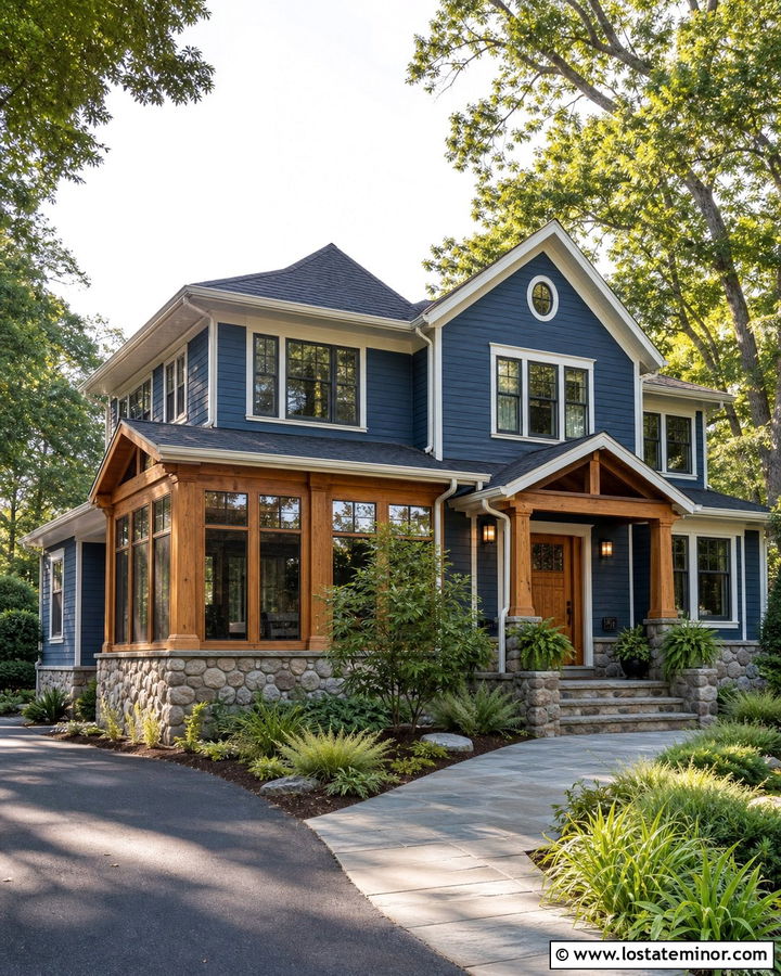 Denim Blue House With Natural Wood Sunroom - 30 Denim Blue House Design With Sunroom Ideas