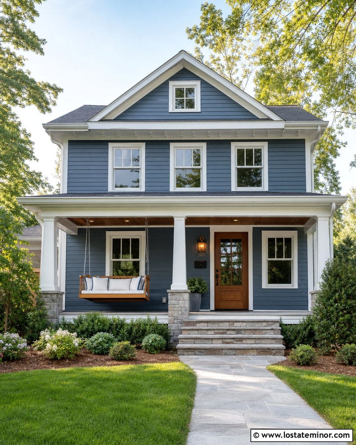 Denim Blue House With Natural Wood Swing - 30 Denim Blue House Design With Swing Ideas