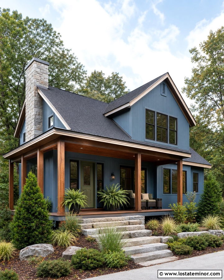 Denim Blue House With Olive Green Front Door - 30 Denim Blue House Design With Entry Door Ideas
