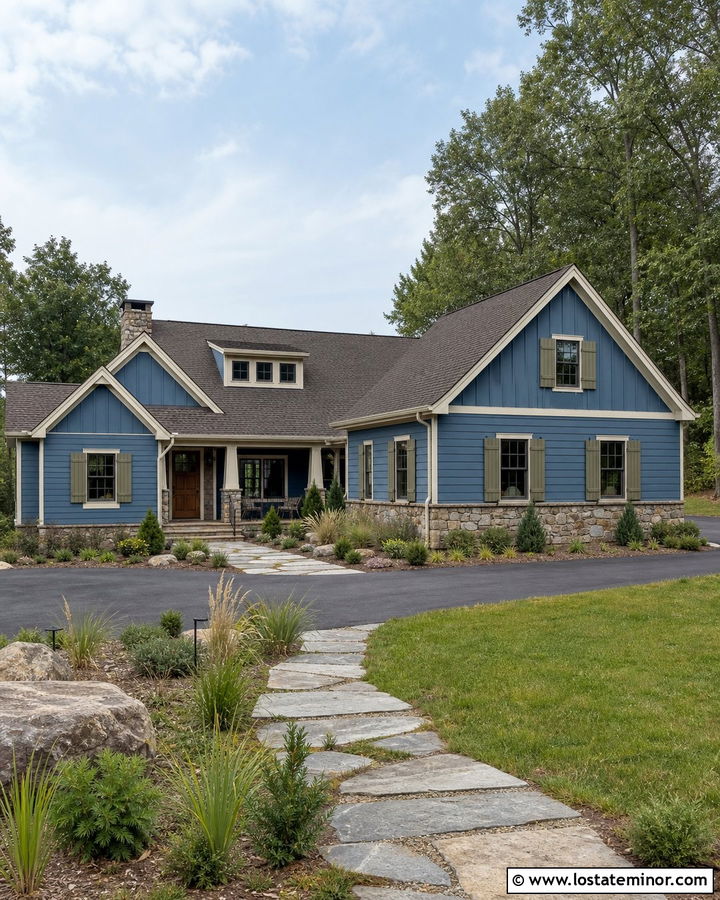Denim Blue House With Olive Shutters - 30 Denim Blue House Design With Shutters Ideas