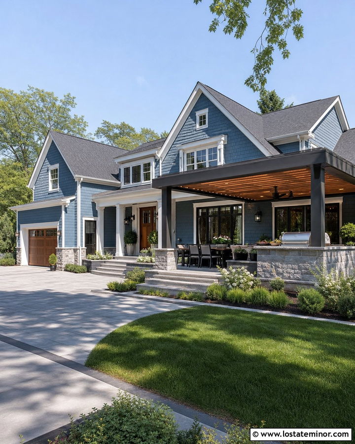 Denim Blue House With Outdoor Kitchen Pergola - 30 Denim Blue House Design With Pergola Ideas