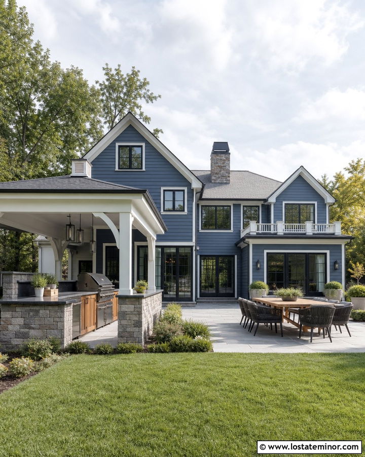 Denim Blue House With Outdoor Kitchen - 30 Denim Blue House Design With Backyard Ideas