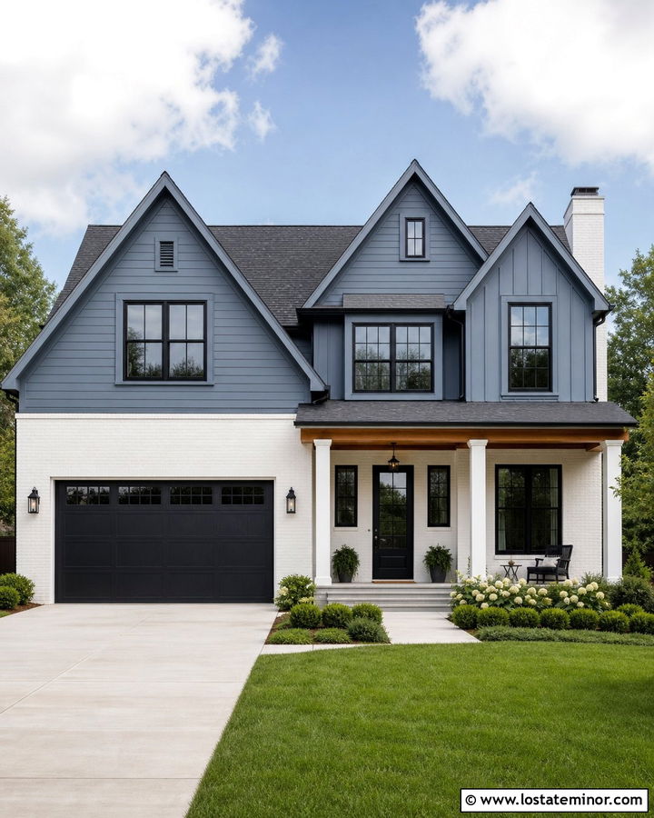Denim Blue House With Painted White Brick - 30 Denim Blue House Design With Brick Accents Ideas